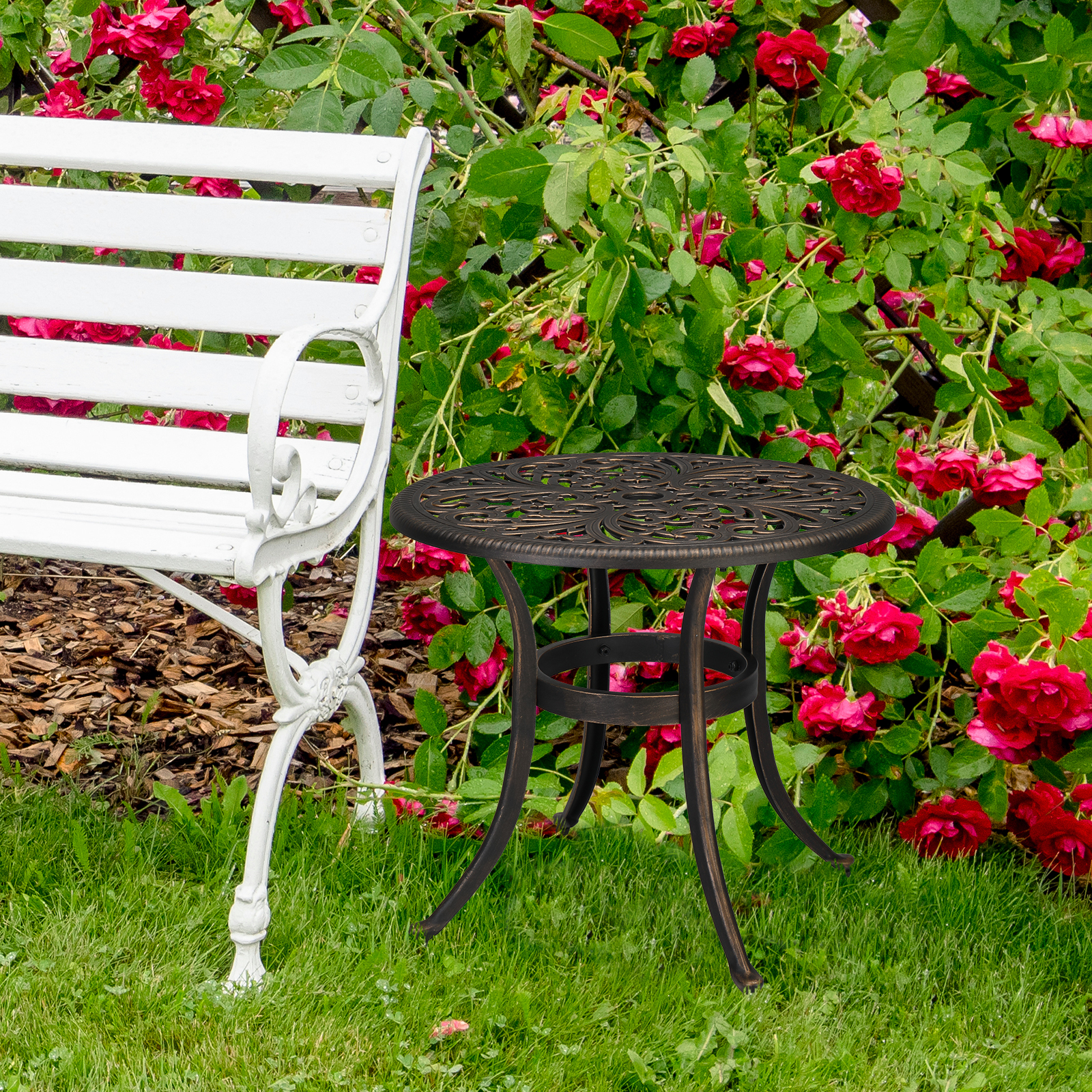 White,Romantic,Style,Park,Bench,In,Lush,Colorful,Blossom,Rose
